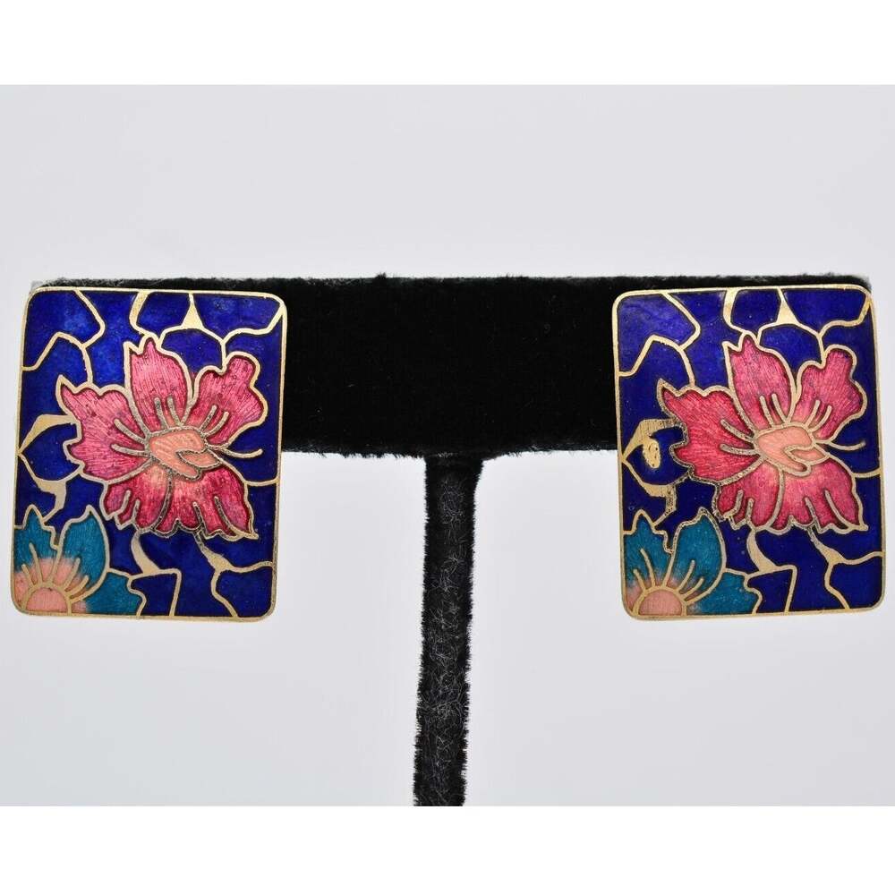 Vintage Cloisonné Clip On Earrings Blue Enamel Pink Floral Gold Tone 1980s BinAY